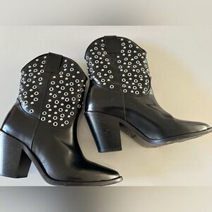 The Kooples Black Leather Studded Eyelet Western‎ Ankle Boots Size 37